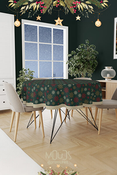 Moud's مفرش طاولة مستدير بنمط رقاقات الثلج باللون الأخضر الداكن، قماش من الجل...