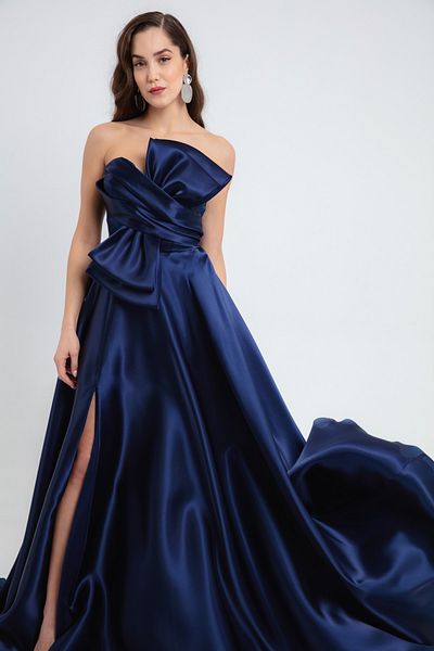 Lafaba Rochie de seară lungă cu fundă, albastru bleumarin, cu fante