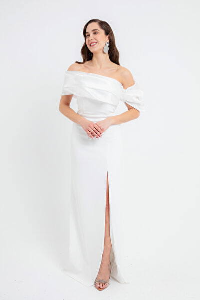 Lafaba Kadın Beyaz Yaka Detaylı Yırtmaçlı Uzun Abiye Elbise