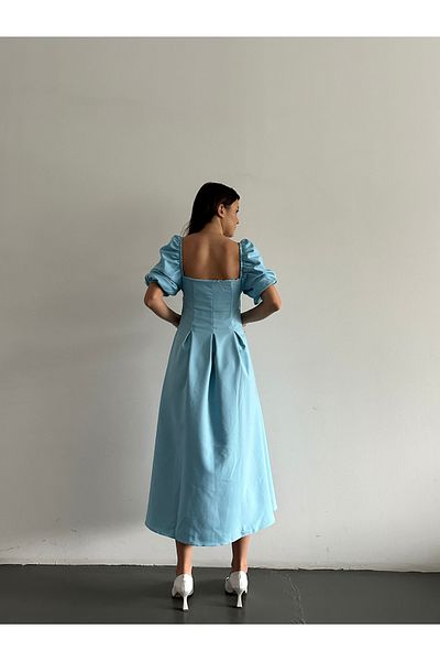 Daem Butik Rochie de seară neagră pentru femei, fără bretele, cu decolteu pliat, cu decupaj evazat, lungime midi, cu mâneci cu balon scurte