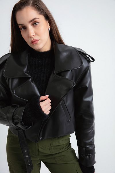 Lafaba Women's Black Short Faux Leather Jacket