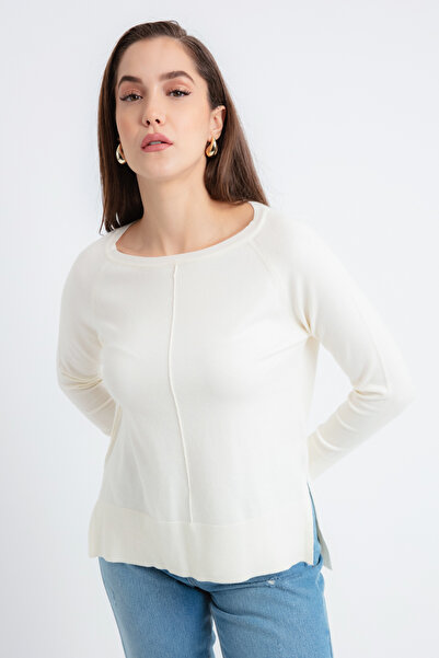 Lafaba Women's Ecru Boat Neck Sweater with Side Slits