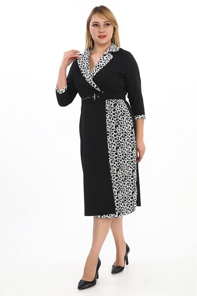 etselements Double-Breasted Neckline Black-And-White Pattern Detailed Belted Evening Dress 151
