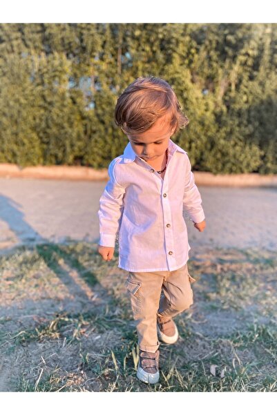 favorimkids Erkek Bebek Beyaz Keten Pamuklu Gömlek
