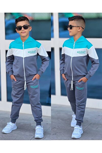 SÜSLÜ KİDS Boy's Hooded Zippered 2Ip Bottom Top Tracksuit Set