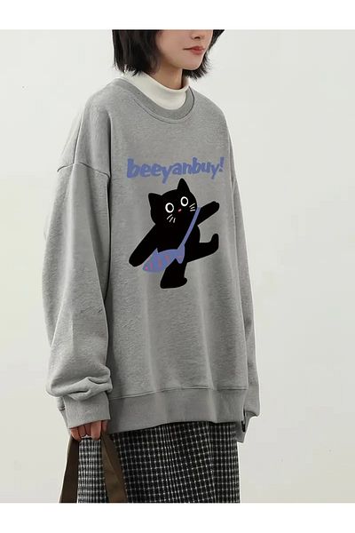 PALPİTO Hanorac oversize cu gât crew cu imprimeu Beeyanbuy gri pentru femei