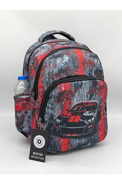 Bevitton Set de 3 ghiozdane roșii pentru școală primară pentru băiat - model mașină