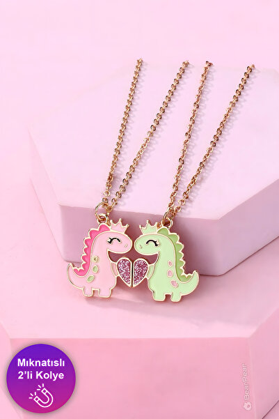 BearPear 2'li Mıknatıslı Kolye Dinozor ve Kalpli Arkadaşlık Kolyesi