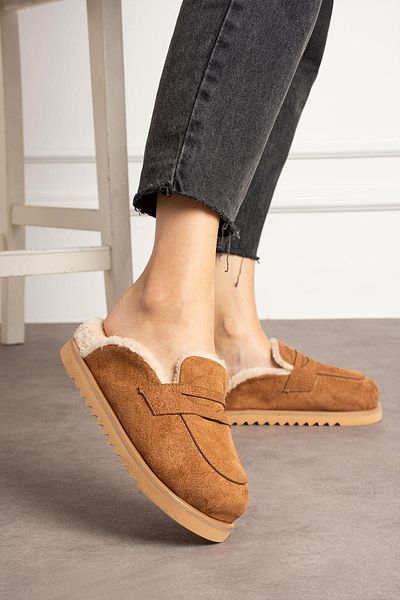 ShoeTek Tan Suede Lisya Γυναικείες Παντόφλες - Γούνα Εσωτερικά