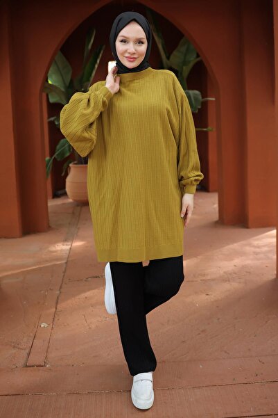hafsamina Oil Green Balloon Sleeve Knitwear Tunic - Hm2519