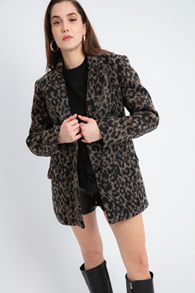 Lafaba Anthrazitfarbene Damenjacke mit Leopardenmuster