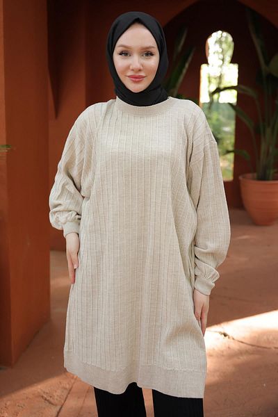 hafsamina تونيك تريكو بأكمام بالون بلون الحجر - HM2519