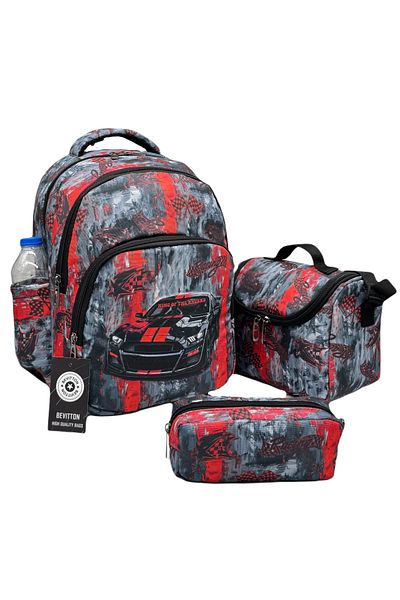 Bevitton Set de 3 ghiozdane roșii pentru școală primară pentru băiat - model mașină