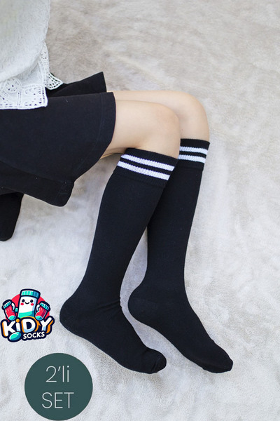 kidy Дамски чорапи до коляното - 2 чифта, черни, на райета и памучни