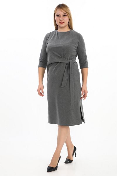 etselements Gray Evening Dress - Slit and Tie Waist, Model 7077