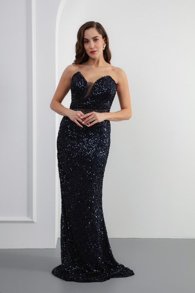 Lafaba Női sötétkék pánt nélküli flitteres hosszú estélyi ruha