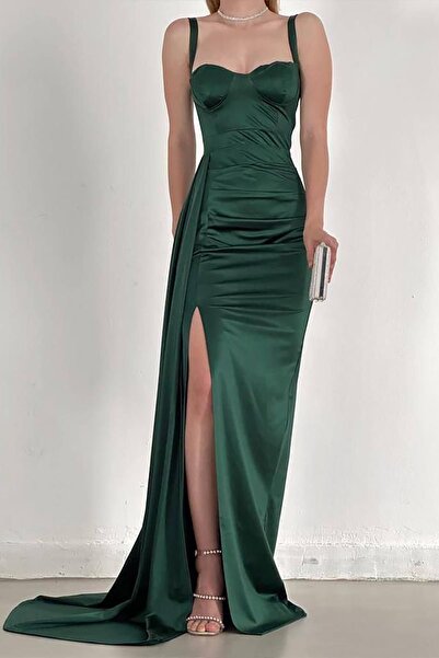Deafox Emerald Green Maxi Satin Dress - Sweetheart Neck with Straps, Glop and...