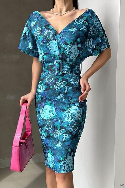 Deafox Rochie albastră cu curea din stofă scuba cu modele florale