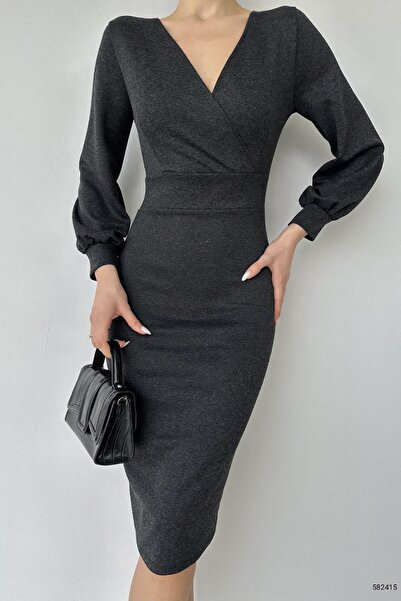 Deafox Black Double-breasted Collar Long Sleeve Ecrin Fabric Dress