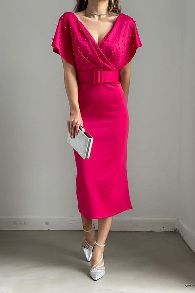 Deafox Fuchsiafarbenes Kleid aus Scuba-Stoff mit Gürtel und Perlenverzierung