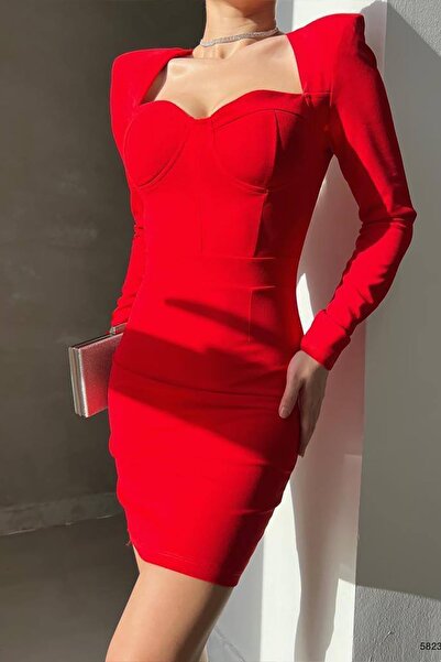 Deafox Red Heart Collar Imported Crepe Fabric Long Sleeve Basic Dress