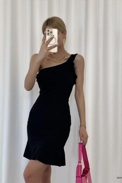 Deafox Rochie neagră cu un singur umăr, din stofă creponată