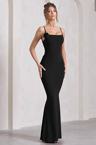 Deafox Black Strap Sandy Fabric Back Low-cut and Draped Dress