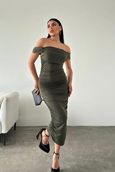 Deafox Khaki Sandy Fabric Drop detail Přehozené midi šaty