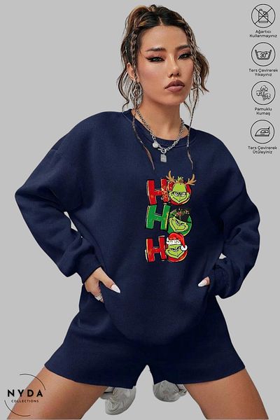 Nyda Collections Unisex Grinch Hohoho Christmas Christmas Printed Crew Neck Hoodless Raster Oversize Sweatshirt