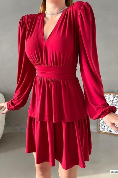 Deafox Red V-Neck Long Sleeve Sandy Fabric Folded Dress