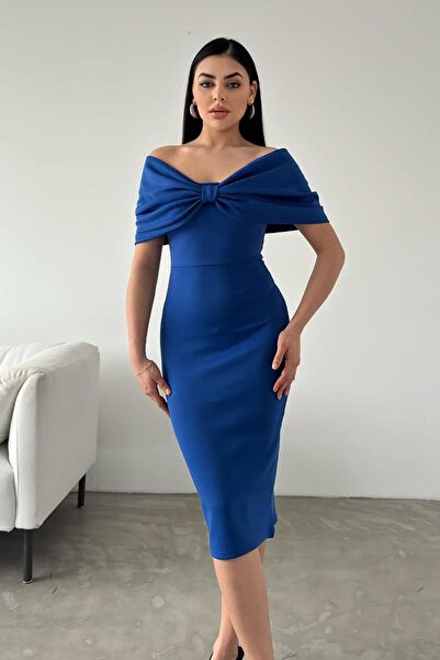 Deafox Midi šaty Scuba Fabric - saxe modrá, detail límečku