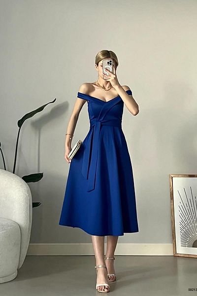 Deafox Saks Blue Scuba Fabric Madonna Guler Rochie cu curea