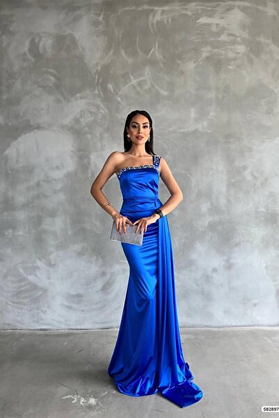 Deafox Saks kék szatén szövet kő részletes farkú maxi hosszú estélyi ruha