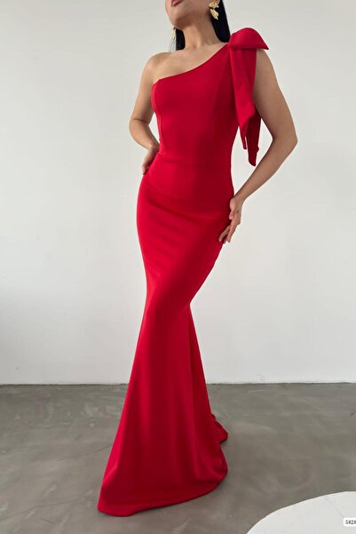 Deafox Red Scuba Fabric - One Shoulder Bow Detail Fish Model Dress