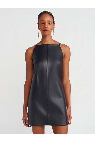 Dilvin 90907 Strap Short Leather Dress-Black