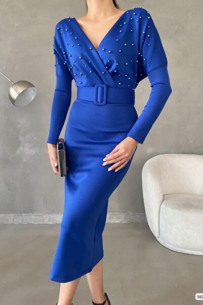 Deafox Μακρυμάνικο μίντι φόρεμα Saks Blue Belted Scuba Fabric Pearl