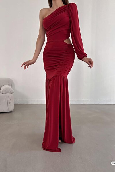 Deafox Kırmızı Tek Kol Sandy Kumaş Bel Dekolte Detay Büzgülü Elbise