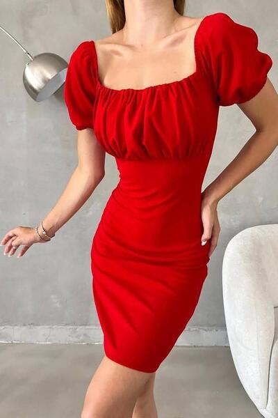 Deafox Red Square Collar Backless Imported Crepe Fabric Dress