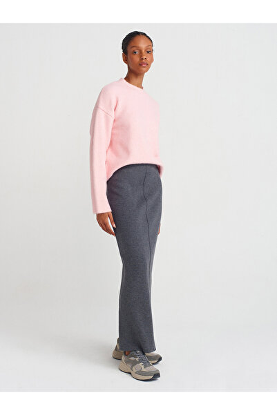 Dilvin 10640 Crew Neck Soft Textured Sweater-Pink