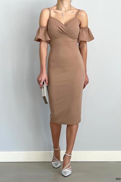 Deafox Brown Crepe Fabric Shoulder Detailed Dress