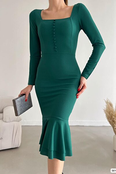 Deafox Μίντι μακρυμάνικο φόρεμα με λεπτομέρεια με πράσινο κουμπί