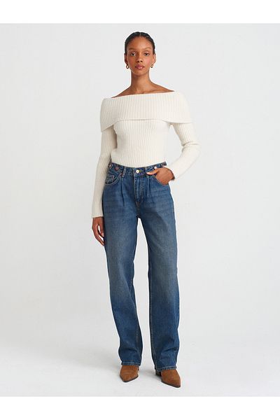 Dilvin 71761 Pantaloni din denim tăiați cu baloane - centură cu epoleți