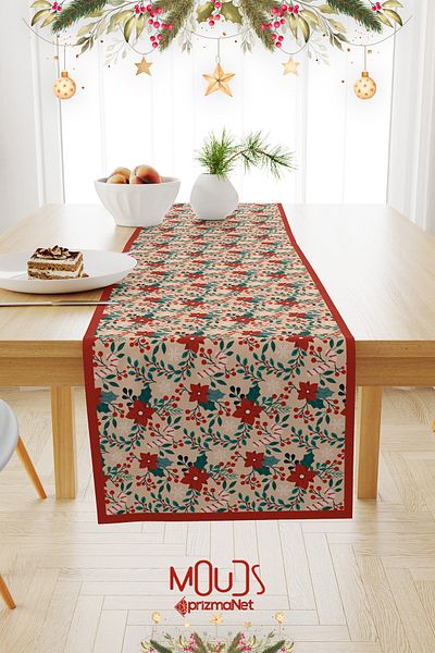 Moud's Christmas Patterned Kokina Flower Runner - Laceless Suede Tablecloth