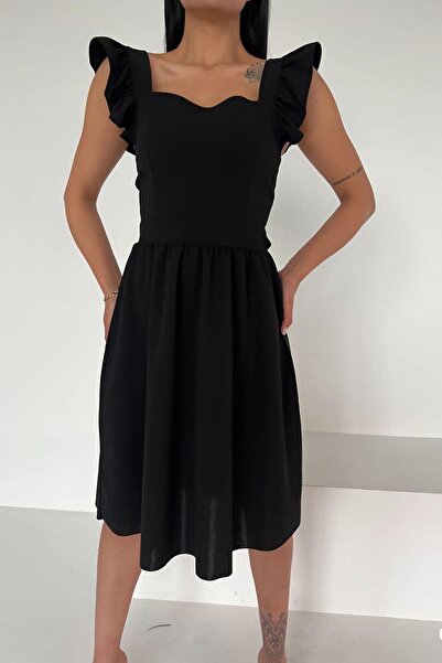 Deafox Siyah Omuz Volanlı Sırt Bağlama Detay İthal Krep Kumaş Elbise