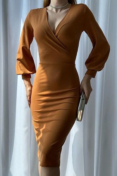 Deafox Rochie din țesătură creponată de culoare cărămidă, cu mânecă lungă, cu guler dublu