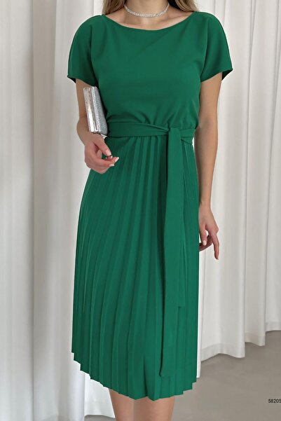 Deafox Φόρεμα Green Crepe Υφασμάτινο Πλισέ