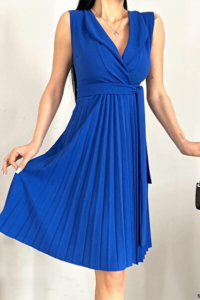 Deafox Saks Mavisi Pliseli Ve Kuşaklı Sıfır Kol Yakalı Kuşaklı Elbise