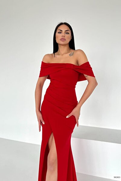 Deafox Červené importované krepové šaty Madonna límec s rozparkem v maxi délce