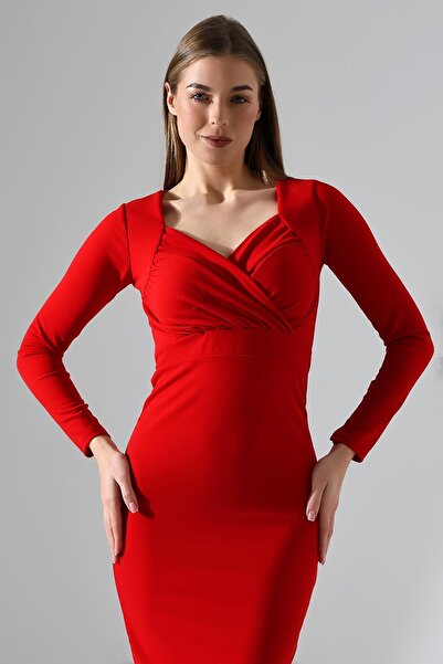 Deafox Red Sweetheart Neckline Slit Long Sleeve Long Dress