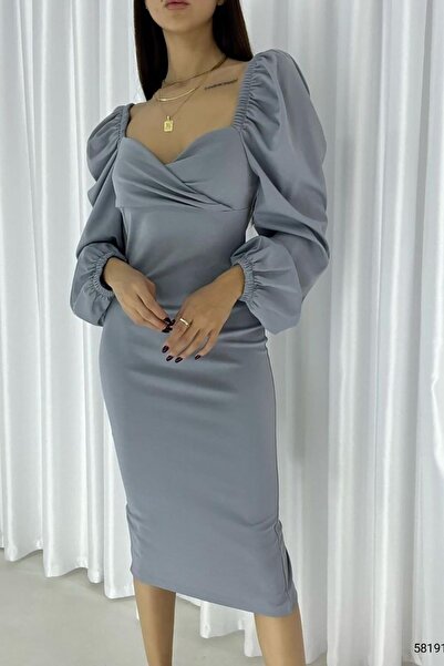 Deafox Μίντι φόρεμα σε γκρι μανίκι πριγκίπισσας με λεπτομερή γιακά καρδιά